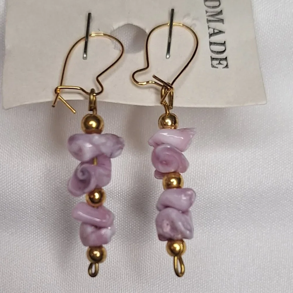 Hand Carved Amethyst Earrings Rose Floral Gold‎ Tone Accents Boho Fairy Coquette